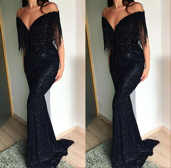 Off Shoulder Black Sequined Evening Dresses Tassels Mermaid Long Prom Party Dress Girls Formal Wear BC1086