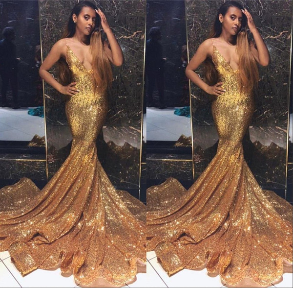 Sexy Deep V Neck Spaghetti Mermaid Evening Dresses Gold Sequined Sweep Train Prom Party Dress Black Girls Formal Wear BC1492