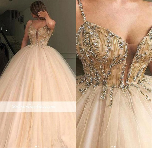 Champagne Spaghetti Ball Gown Evening Dresses Sleeveless Beadings Beaded Sweep Train Tulle Prom Party Gown BC1559