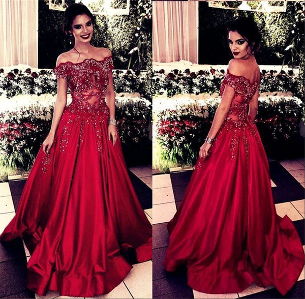 Elegant Red Off Shoulder Evening Dresses Appliques Sequins A Line Pretty Prom Party Gown BC1108
