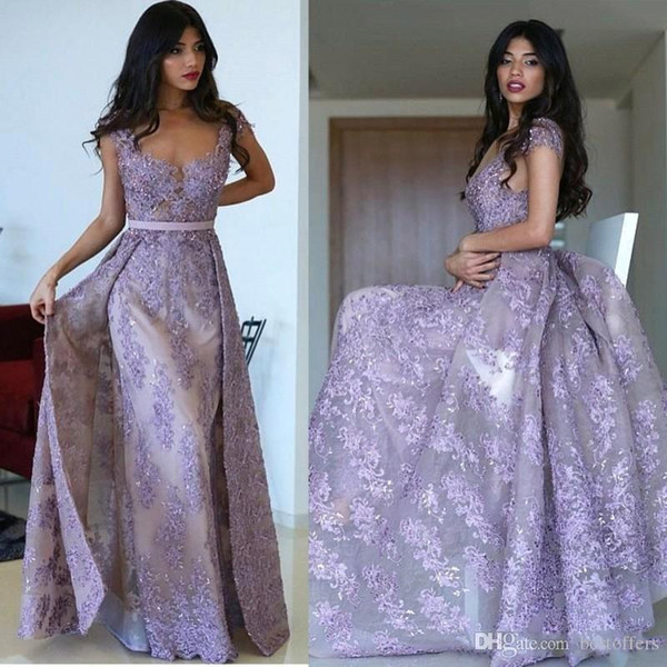 New Stunning Lavender Column Evening Dresses with Detachable Train Lace Appliques Beaded Scoop Prom Party Gown BC1542