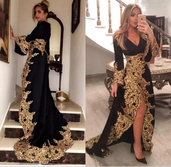 Noble Gold Lace Appliques Evening Dresses Deep V Neck Front Split Long Sleeve Prom Party Gown Formal Wear BC1299