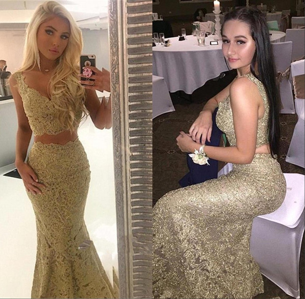 2 Pieces Elegant Gold Mermaid Evening Dresses Lace Appliques Floor Length Prom Party Gown Special Occasion Dress BC1684