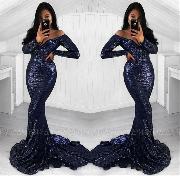 Elegant Off Shoulder Long Sleeve Mermaid Evening Dresses Sequined Sweep Train Prom Party Gown Red Carpet Dress BC1427