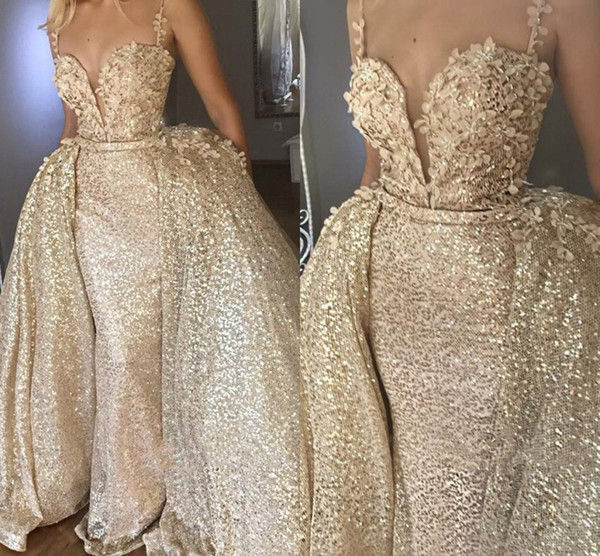 Luxury Gold Sequined Evening Dresses Deep V Neck Detachable Train Appliques Prom Party Gown BC0864