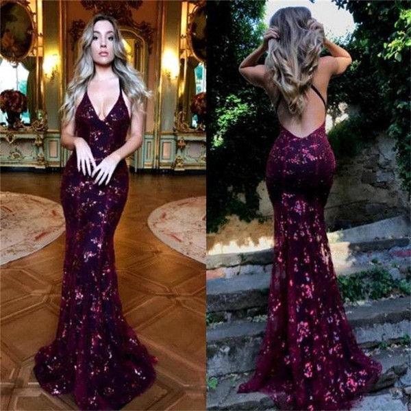 Modern Grape Mermaid Evening Dresses Sequins Appliques Criss Cross Straps Backless Dark Green Prom Party Gown BA9164