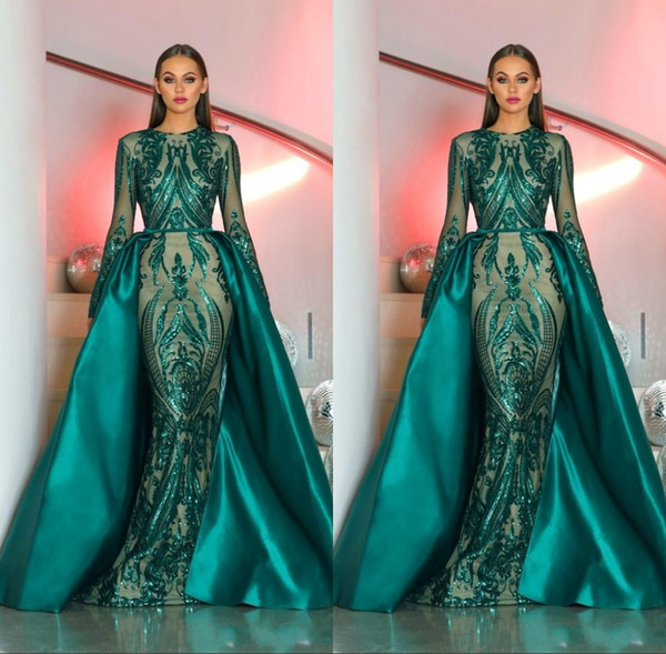 Hunter Green Long Sleeve Mermaid Evening Dresses Lace Appliques Detachable Train Floor Length Prom Party Gown Red Carpet Dress