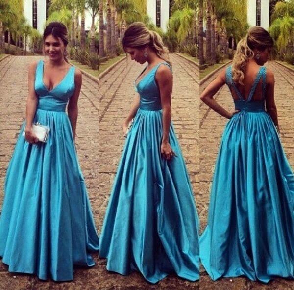 Elegant Deep V Neck Light Blue Evening Dresses Designed V Cut Back A Line Prom Party Gown BC0860