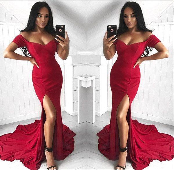 Elegant Red Off Shoulder Mermaid Evening Dresses Front Split Floor Length Prom Party Gown Special Occasion Dress