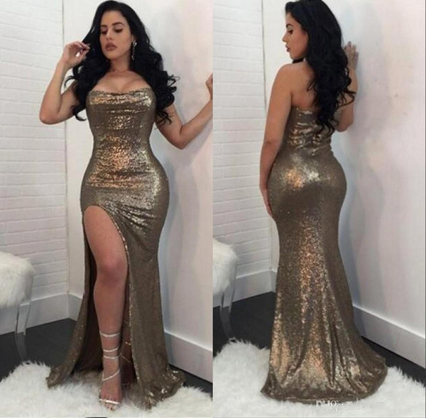 Plus Size Sequined Mermaid Evening Dresses Strapless Front Split Floor Length Prom Party Gown Special Occasion Dress BC1707