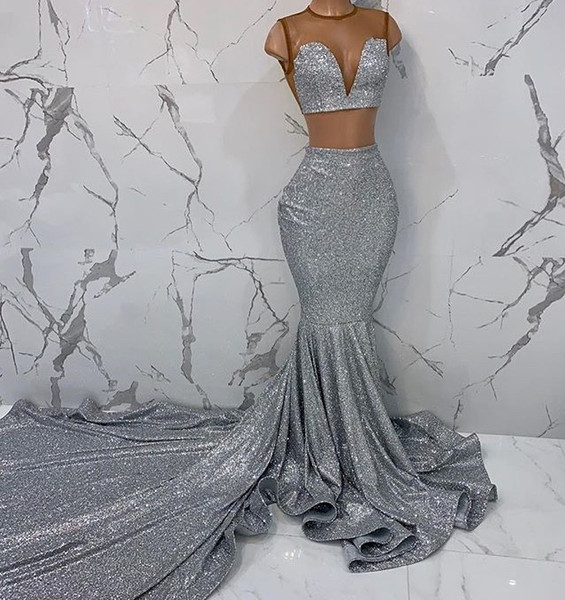 2 Pieces Silver Sequined Mermaid Evening Dresses Sheer Neck Sweep Train Prom Party Gown Special Occasion Dress