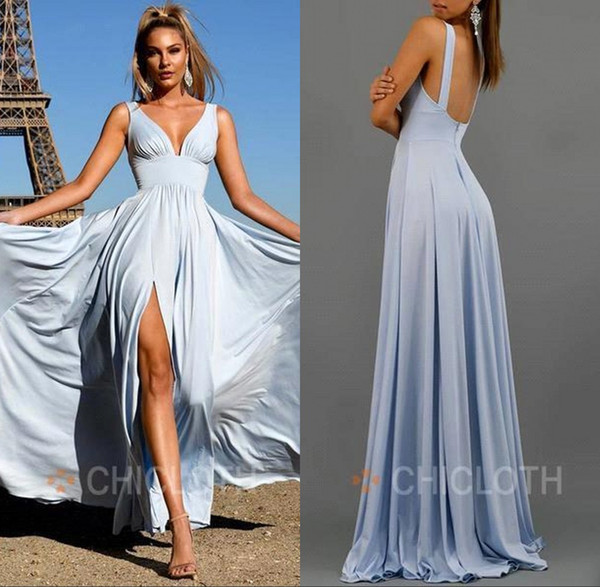 Deep V Neck Light Sky Blue Evening Dresses Side Split A Line Floor Length Backless Prom Party Gown BC1582