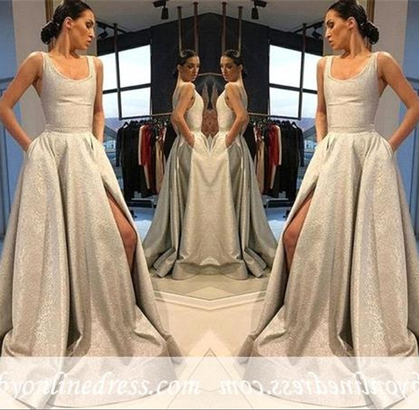 Silver Scoop Front Split Evening Dresses Sweep Train A Line Tulle Prom Party Gown BC1570