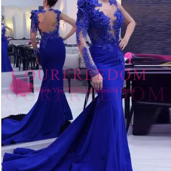 Elegant Royal Blue Mermaid Evening Dresses With Full Sleeves 3D Flower Lace Beaded Long Prom Gowns Illusion Back Abiye