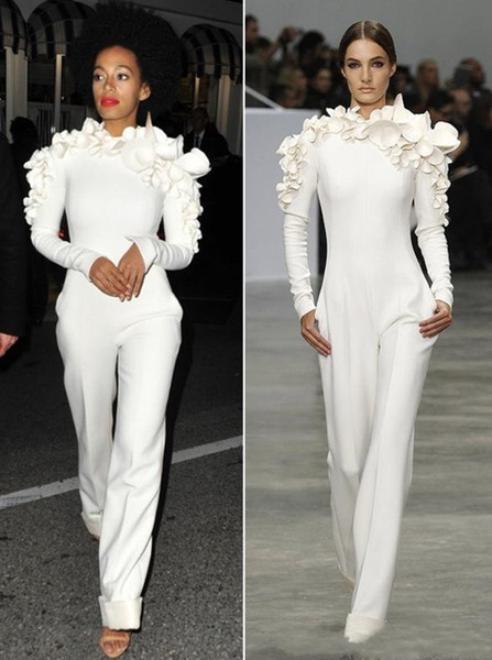 New Arrival Celebrity Dresses White Leg Jumpsuit Long Sleeves High Neck with Flowers Formal Party Evening Dresses Custom Made