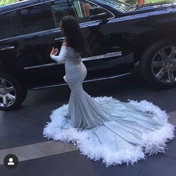 New African Off Shoulder Mermaid Evening Dresses Plus Size Long Sleeve With Feathers Sequin Reflective Prom Gowns