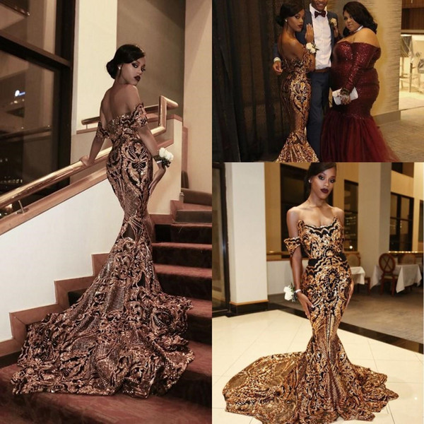 New Luxury Gold black Prom Dresses Mermaid off shoulder Sexy African Prom Gowns Vestidos Special Occasion Dresses Evening Wear