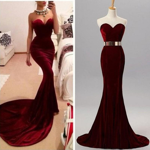 Sexy Burgundy Mermaid Velvet Formal Evening Dresses Vestidos Red Carpet Dresses Sweep Train Dresses Evening Wear Prom Party Gowns