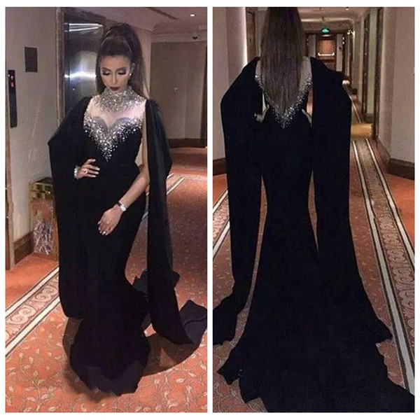 Haifa Wahbe Beaded Bling Bling Slim Black Evening Dresses Sexy Cape Style Latest Mermaid Prom Gowns Dubai Arabic Party Dresses