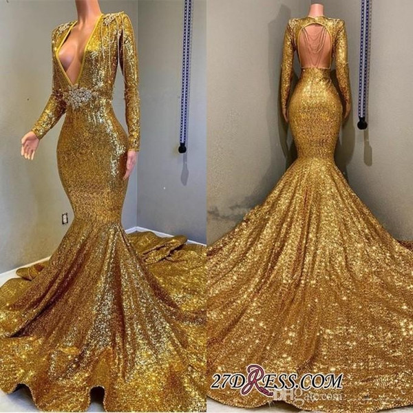 Sexy Deep V Neck Gold Mermaid Prom Dresses Long Sleeve Open Back Sequined Formal Evening Gowns Sparkly Sequin Celebrity Party Dresses