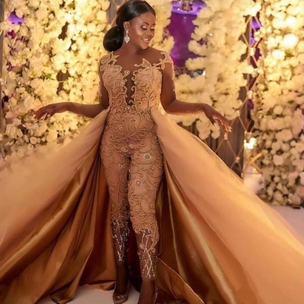 Champagne Jumpsuits Long Sleeves Prom Dresses Detachable Train Lace Appliqued Evening Gowns Luxury African Party Women's Pant Suits