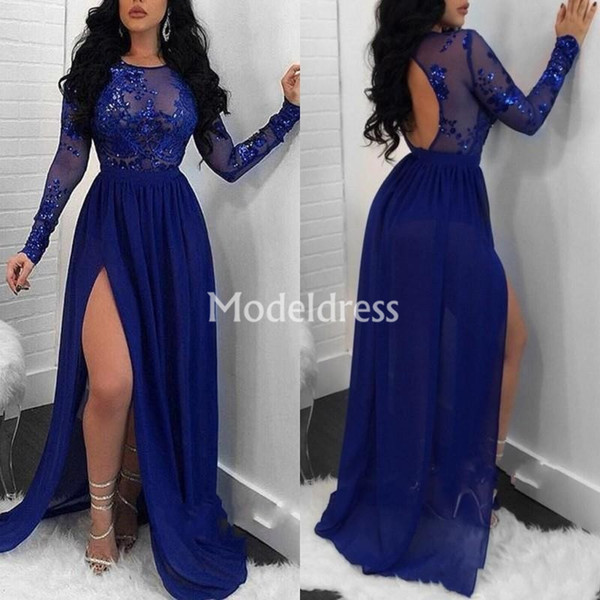 Sexy Evening Dresses Illusion High Side Split Long Sleeves Sequins Chiffon Special Occasion Dresses Open Back Party Prom Gowns Vestidos