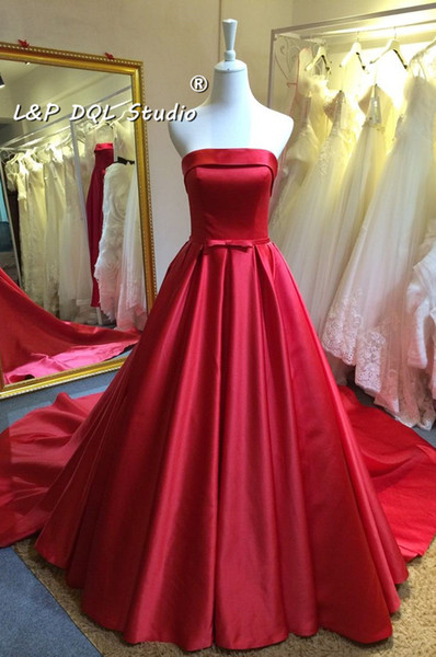 2017 Fall Winter Satin Evening Dresses Starpless Court Train Satin top Quality Prom Dress Lace-up Back Red Carpet Dress elegant formal gowns