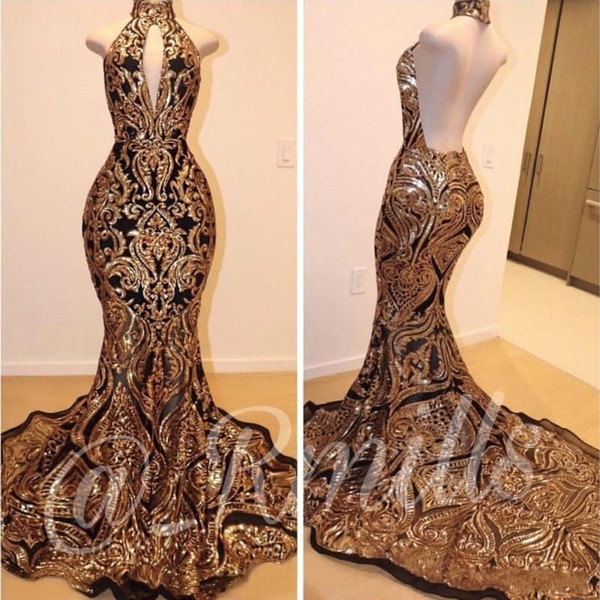 Real Photos Fabulous Sleeveless Mermaid Collar Backless Gold Prom Dresses Gold Lace Applique Formal Gowns Evening Party Dresses