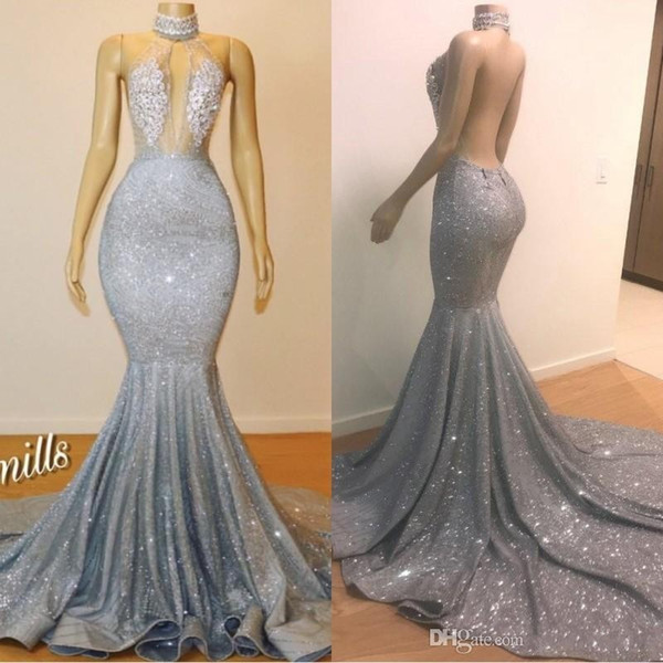 Real Photos Bling Silver Mermaid Prom Dresses Long Jewel Neck Beads Crystals Backless See Through Floor Length Evening Party Wear