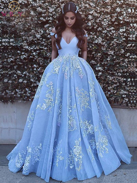 New Quinceanera Dresses Light Blue V-neck Off Shoulder Floor Length Ball Gown Formal Party Ceremony Long Graduation Evening Gowns