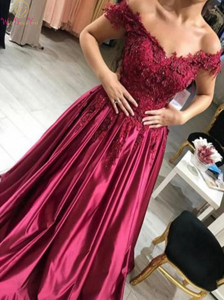 Burgundy Sweetheart Neck Evening Dresses Off Shoulder A Line Appliques Lace Beading Satin Long Elegant Formal Party Gowns