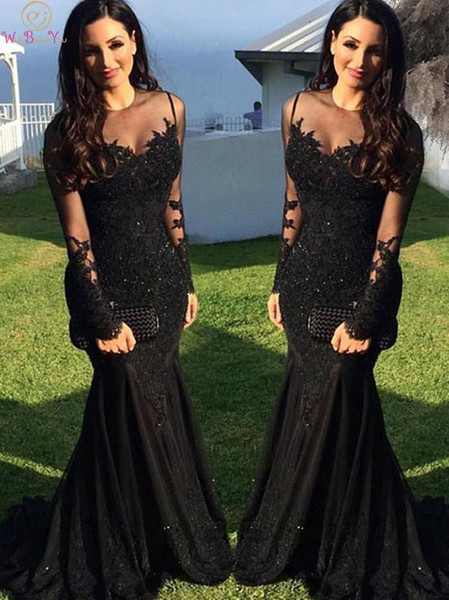 Black Evening Dresses Muslim Floor Length Long Sleeve O Neck Appliques Lace Sequined Dubai Saudi Arabic Formal Prom Gowns