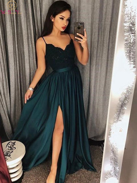 Hunter Green Evening Dresses A Line Sleeveless Spaghetti Strap Robe De Soiree Sleeveless V Neck Long Femme Lace Prom Gowns