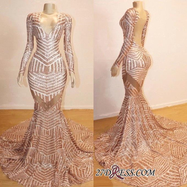 Real Photos Vintage Evening Gowns V Neck Mermaid Long Sleeve See Through Open Back Arabic Rose Gold Prom Dresses BC0841