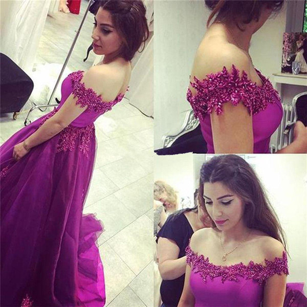 Newest Fuchsia Applique Evening Dresses Sexy Off Shoulder Backless Prom Dress Elegant Soft Tulle Simple Special Occasion Dress