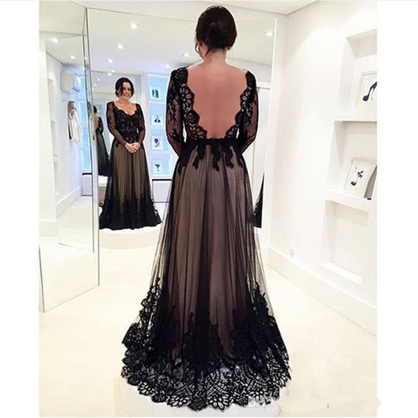 Graceful Black Lace Applique Evening Dresses Sexy Deep V-neck Long Sleeves Backless Prom Dress Plus Size Special Occasion Dress Mother Dress