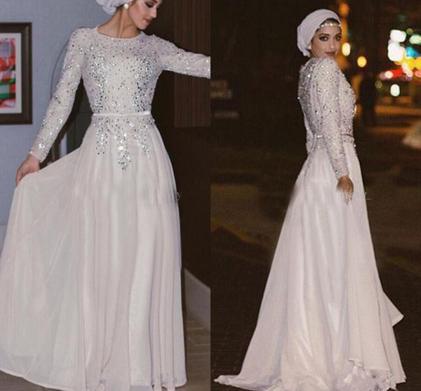 Shiny Beaded Sequined Muslim Evening Dresses With Long Sleeves Jewel Floor Length Prom Dress Arabic Abaya Special Occasion Dress Custom Made