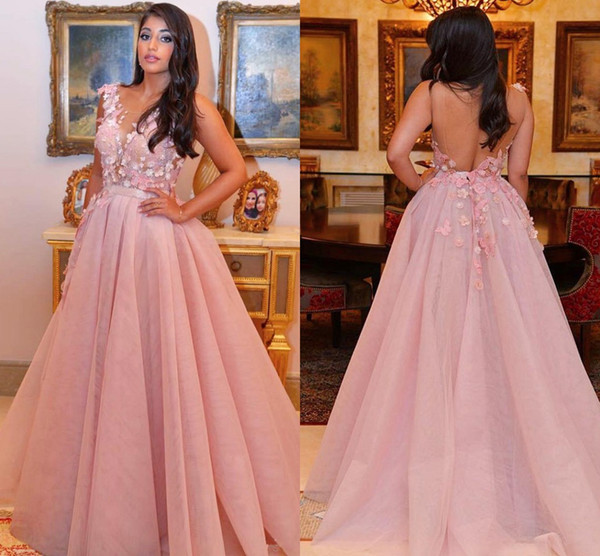 Blush Pink 3D Applique Evening Dresses Sexy Illusion V-neck Backless Prom Dress Dubai Arabic Style Formal Party Gowns