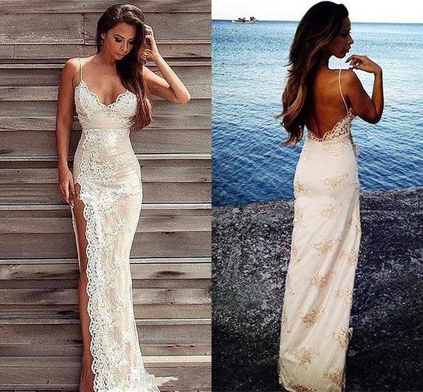 2017 Fashion Applique Lace Dresses Evening Wear Sexy Spaghetti Backless Side Split Mermaid Prom Dress Sheath Celebrity Party Gowns