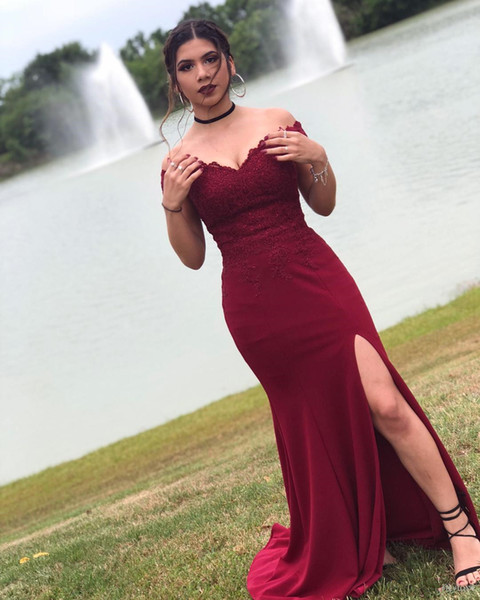 Sexy High Split Burgundy Evening Dresses New Custom Made Sweep Train Lace Elegant Off-the-shoulder Mermaid Formal Party Prom Gowns E100