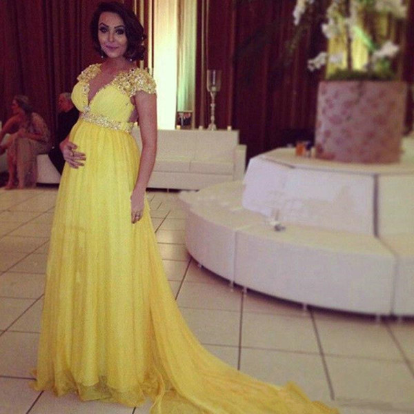 Yellow Chiffon Maternity Evening Dresses Hot Selling Pleats Beads Crystals V-Neck Cap Sleeve Empire Pregnant Formal Party Gowns E125