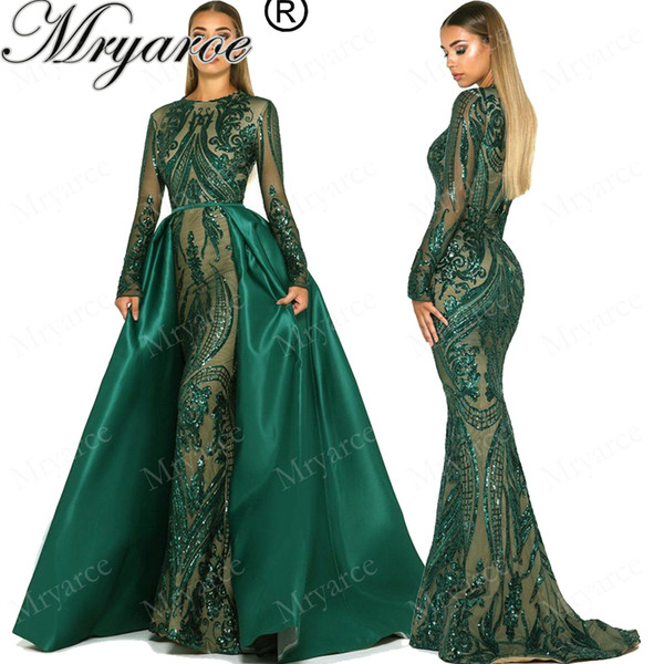 Mryarce Elegant Emerald Green Long Evening Gowns Sparkled Sequin Modest Mermaid Prom Dress With Detachable Train