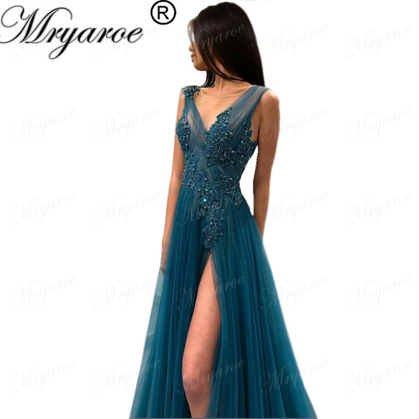 Mryarce Sexy Open Back Evening Dress Lace Appliqued Pearls Beading Side Split Turquoise Tulle Formal Gowns vestidos longos