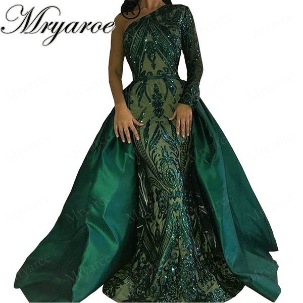 Mryarce One Shoulder Evening Dress With Sleeves Detachable Skirt Long Elegant Formal Gowns 