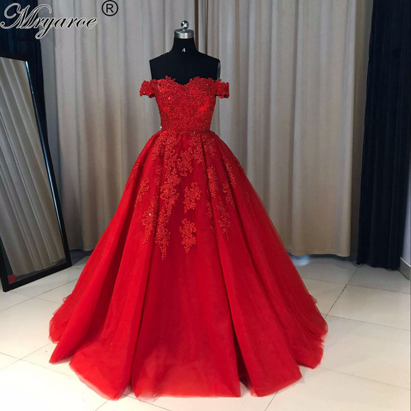 Mryarce Red Evening Dress Off The shoulder Lace Applique Beaded Women Party Dress Ball Gown Robe De Soiree Longue Formal Dresses