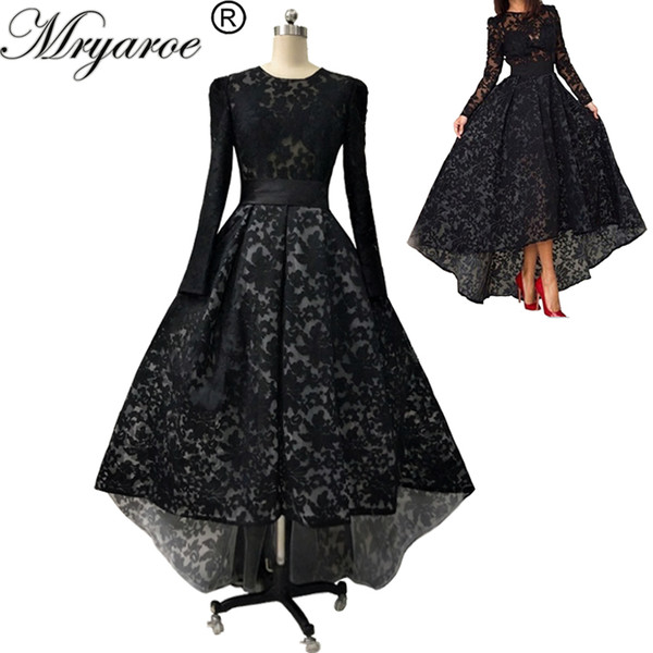 Mryarce Elegant Arabic Long Sleeve Black Lace Evening Dresses High Low Asymmetrical Plus Size Women Party Dress abendkleider