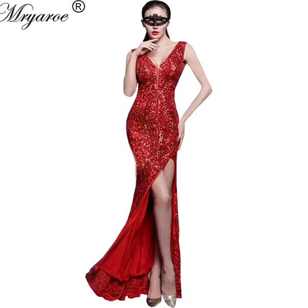 Real Picture Elastic Sequin Mermaid Evening Dress Side Slit Red Sequined Lace Party Sparkled Long Prom Gowns vestido de festa longo