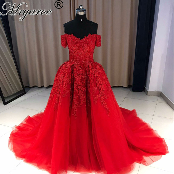 Mryarce Luxury Off The Shoulder Lace Beading Ball Gown Evening Dresses Dubai Puffy Prom Gowns Evening Party Dress Formal Events