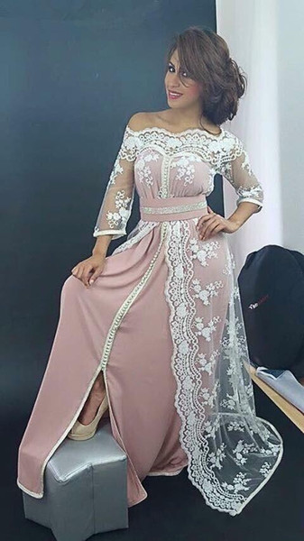 Elegant Boat Neck Lace Muslim Long Evening Dresses Dubai Moroccan Kaftan Dress Three Quarter Sleeve vestido longo