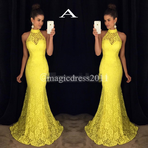 Gorgeous Yellow Pink Lace Evening Prom Dresses 2017 Mermaid High Neck Illusion Bodice Elegant Floor Length Gown Formal Girls' Pageant Dress